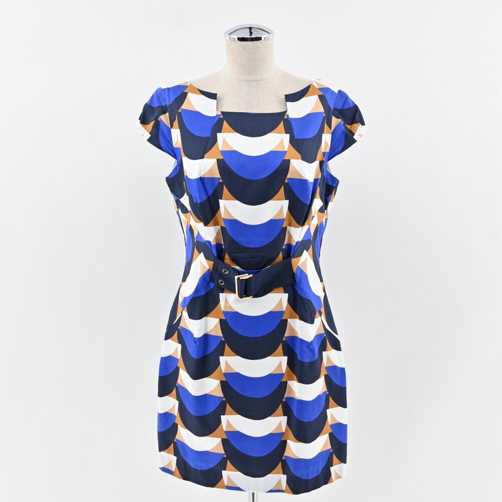 MILLY Mini Sheath Dress Size 10 Blue Geometric Print Cotton Boat Neck Retro USA‎
